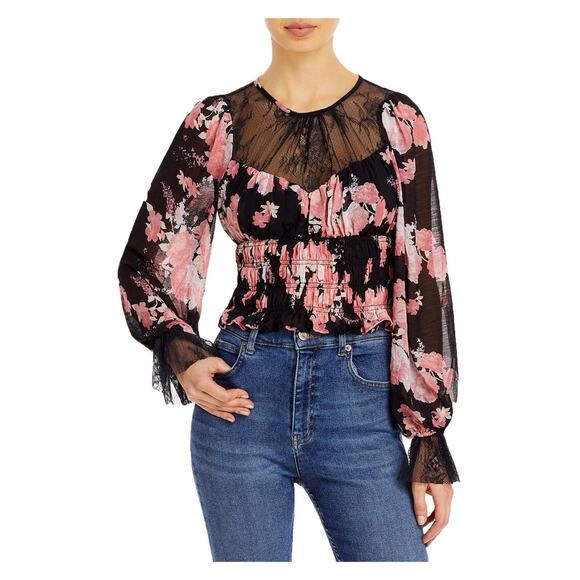 Free People Daphne Lace Black White Pink Long Sleeve Sheer Detail Blouse Size XS - Picture 4 of 5